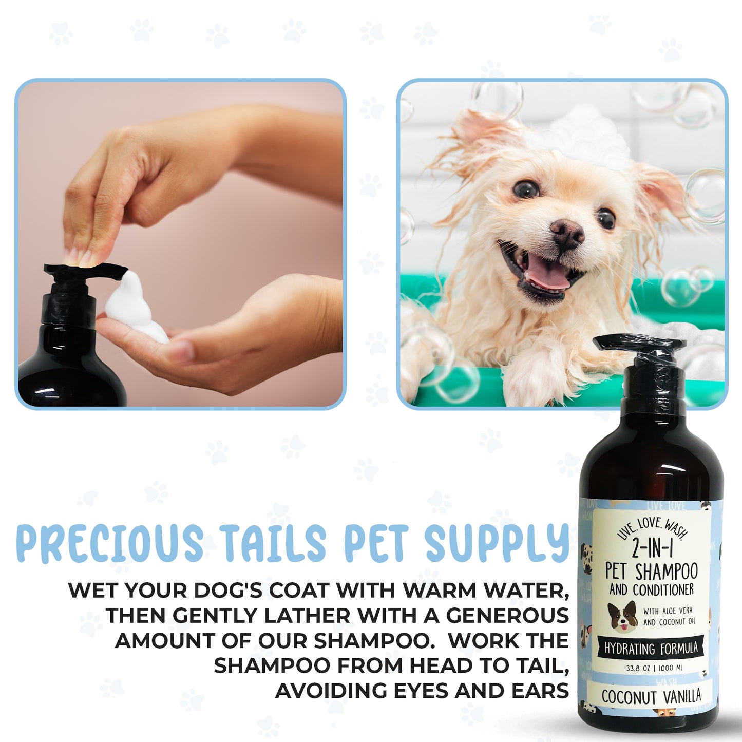 Precious Tails Live. Love. Wash. 2-in-1 Pet Shampoo & Conditioner, Cleanse, Conditions, Detangles, and Moisturizes, 1000ml