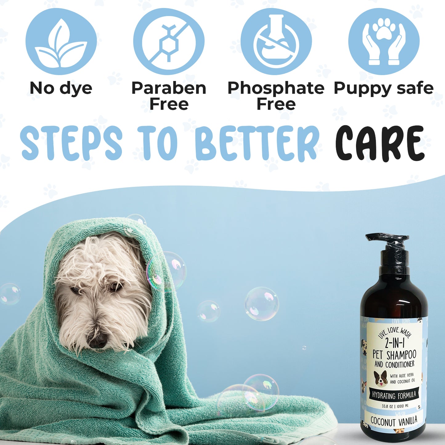 Precious Tails Live. Love. Wash. 2-in-1 Pet Shampoo & Conditioner, Cleanse, Conditions, Detangles, and Moisturizes, 1000ml