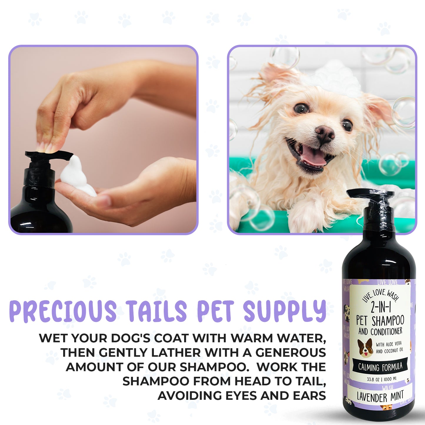 Precious Tails Live. Love. Wash. 2-in-1 Pet Shampoo & Conditioner, Cleanse, Conditions, Detangles, and Moisturizes, 1000ml