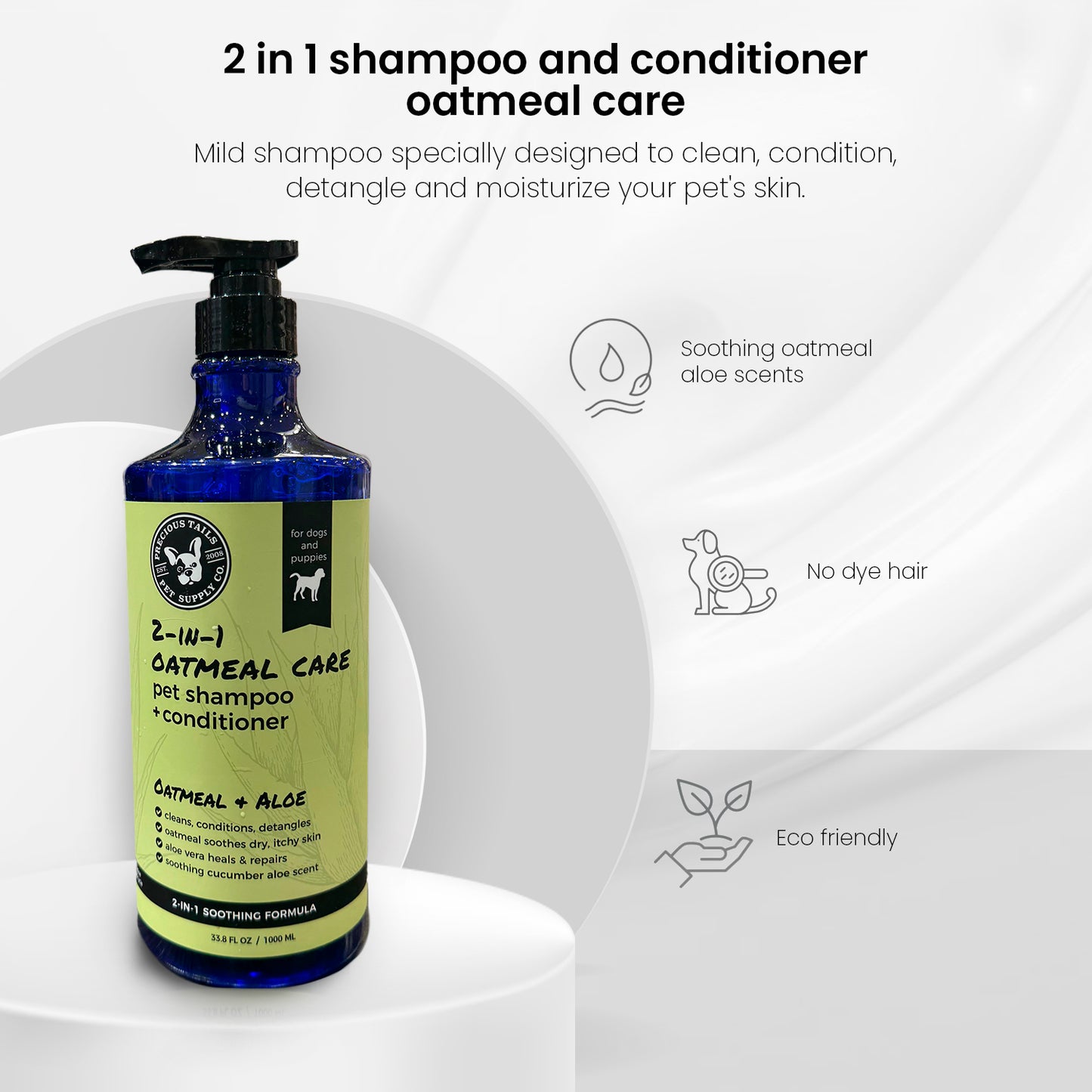 Precious Tails  2-IN-1 Pet Shampoo and Conditioner for Dogs, Cleans, Conditions, Detangles, Moisturizes with Oatmeal, Aloe Vera,  Cucumber Scent 1000ml