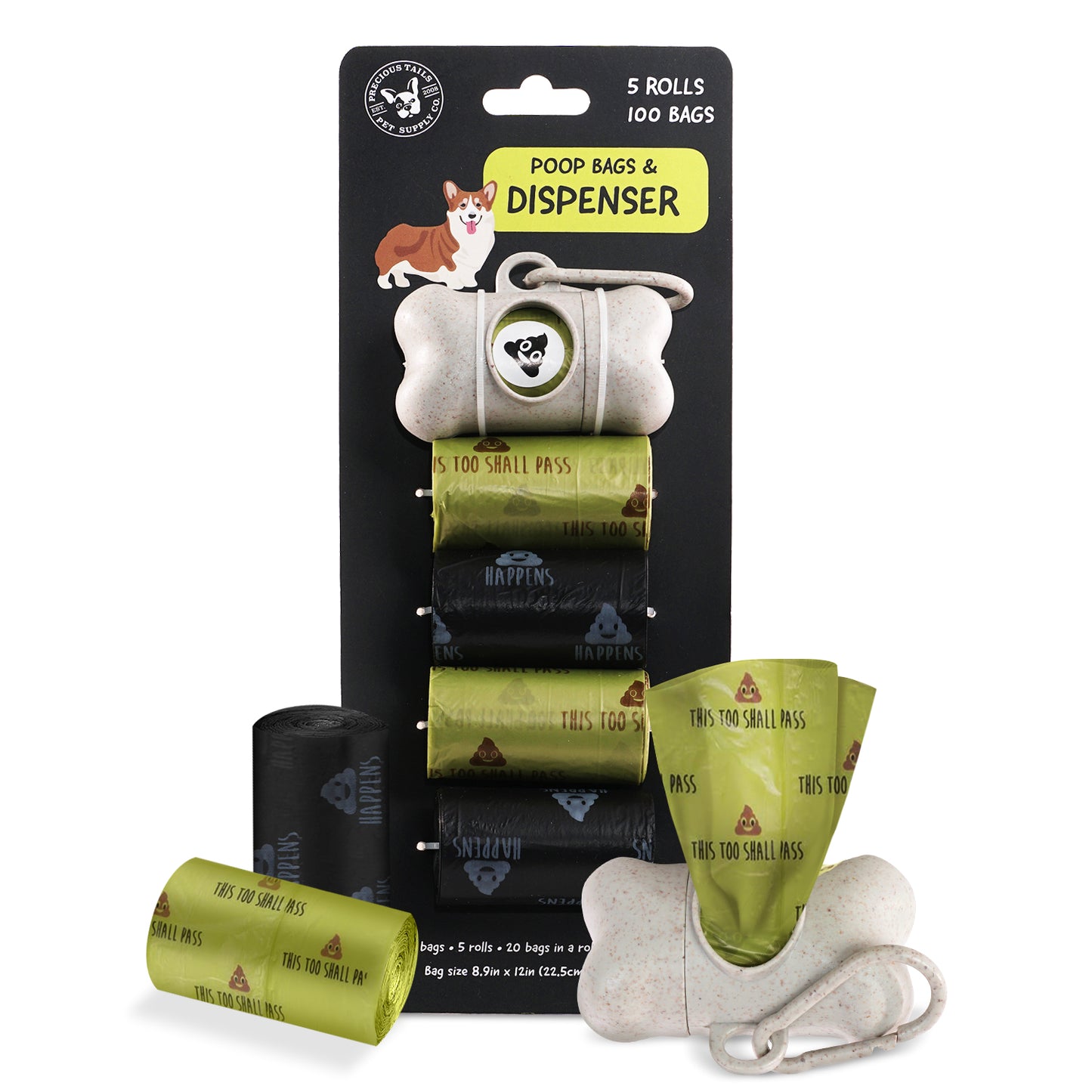 Precious Tails Dog Poop Bags, Durable and Leak-Proof Pet Waste Bag for Dogs with Dispenser, 100 pc