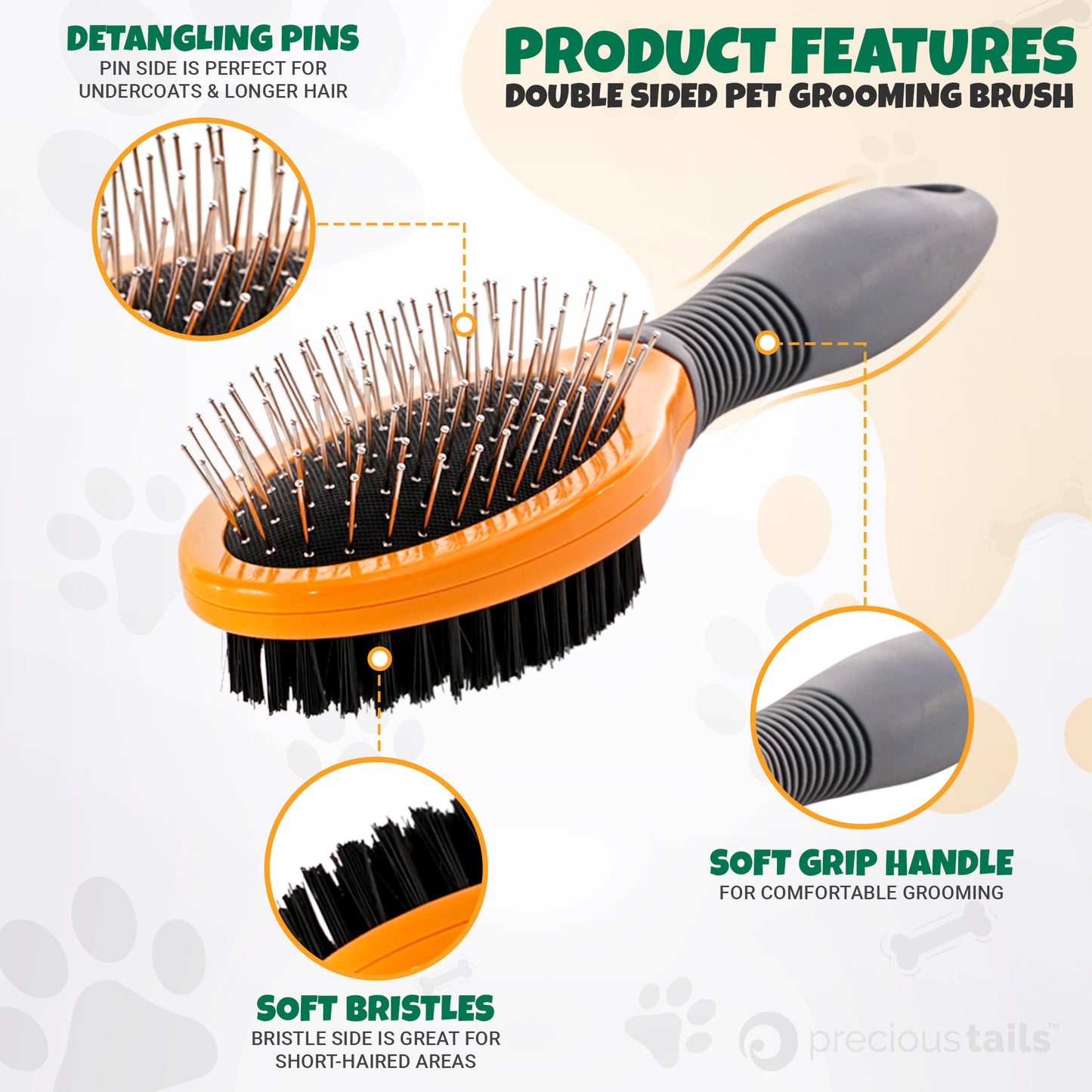 Precious Tails Dog Brush, Cat Brush, Pet Detangling Grooming Brush for Hair Removal of Pets, Double Sided Soft Bristles Slicker Brush