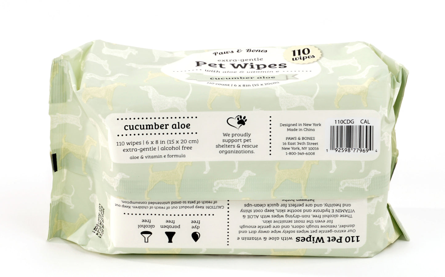 Paw & Bones Extra-Gentle Pet Wipes, 110pc - Cat and Dog Grooming Wipes for Paws, Butt, Face, Ears, Eyes, Infused with Aloe and Vitamin E for Cleansing, Cleaning, Deodorizing