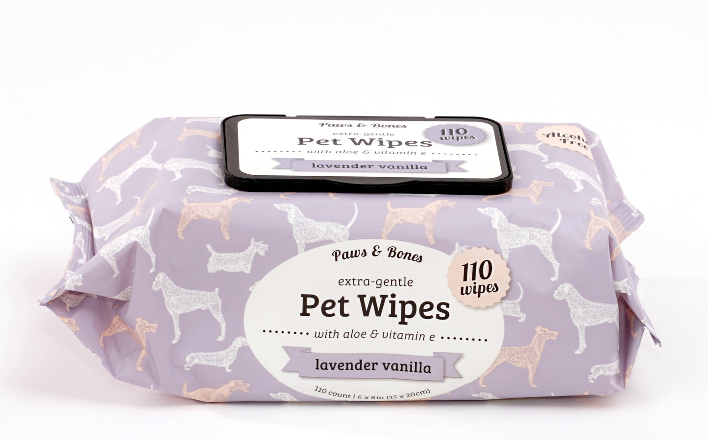 Paw & Bones Extra-Gentle Pet Wipes, 110pc - Cat and Dog Grooming Wipes for Paws, Butt, Face, Ears, Eyes, Infused with Aloe and Vitamin E for Cleansing, Cleaning, Deodorizing