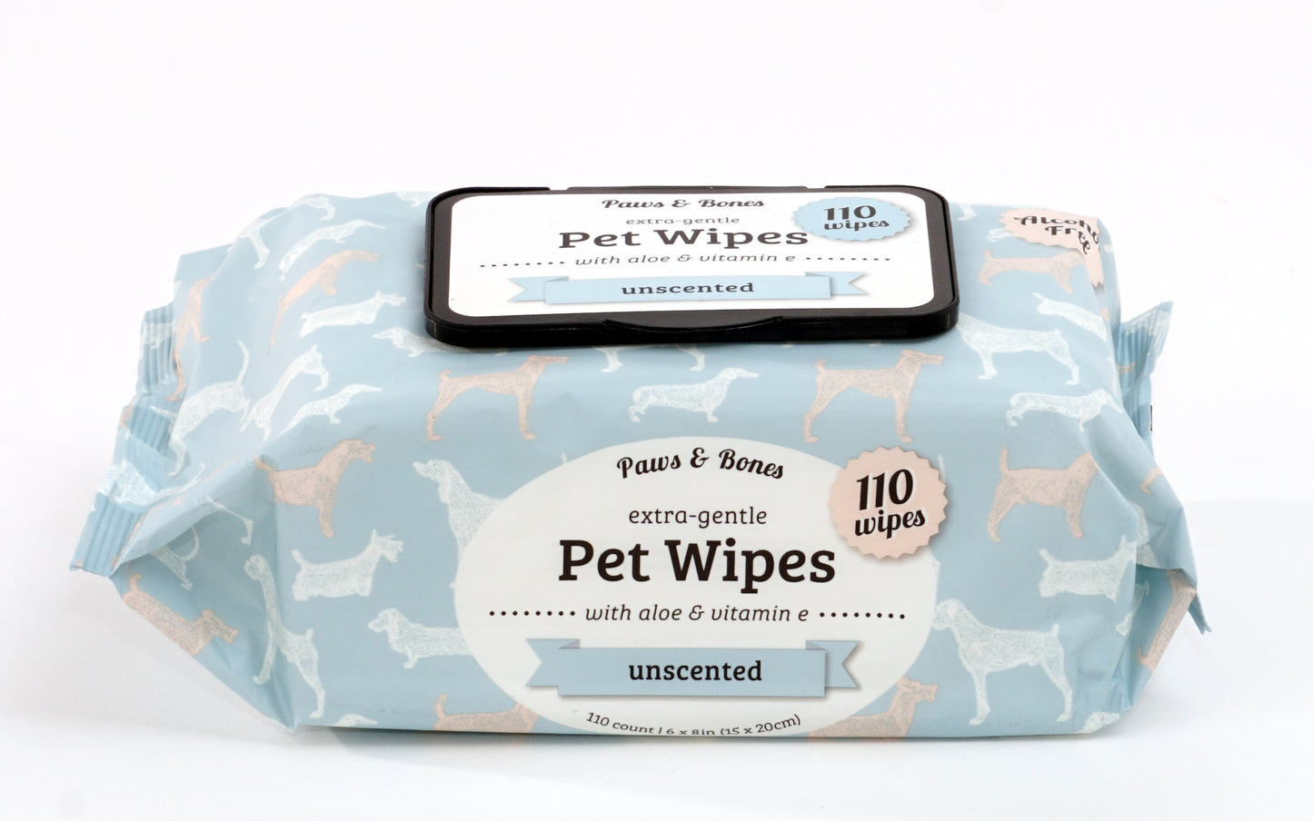 Paw & Bones Extra-Gentle Pet Wipes, 110pc - Cat and Dog Grooming Wipes for Paws, Butt, Face, Ears, Eyes, Infused with Aloe and Vitamin E for Cleansing, Cleaning, Deodorizing