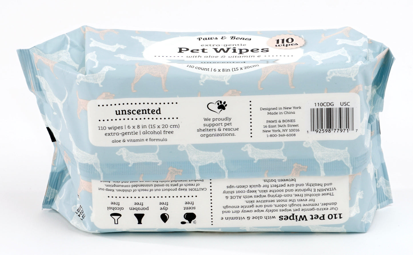 Paw & Bones Extra-Gentle Pet Wipes, 110pc - Cat and Dog Grooming Wipes for Paws, Butt, Face, Ears, Eyes, Infused with Aloe and Vitamin E for Cleansing, Cleaning, Deodorizing