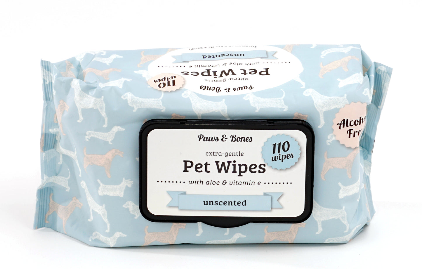 Paw & Bones Extra-Gentle Pet Wipes, 110pc - Cat and Dog Grooming Wipes for Paws, Butt, Face, Ears, Eyes, Infused with Aloe and Vitamin E for Cleansing, Cleaning, Deodorizing