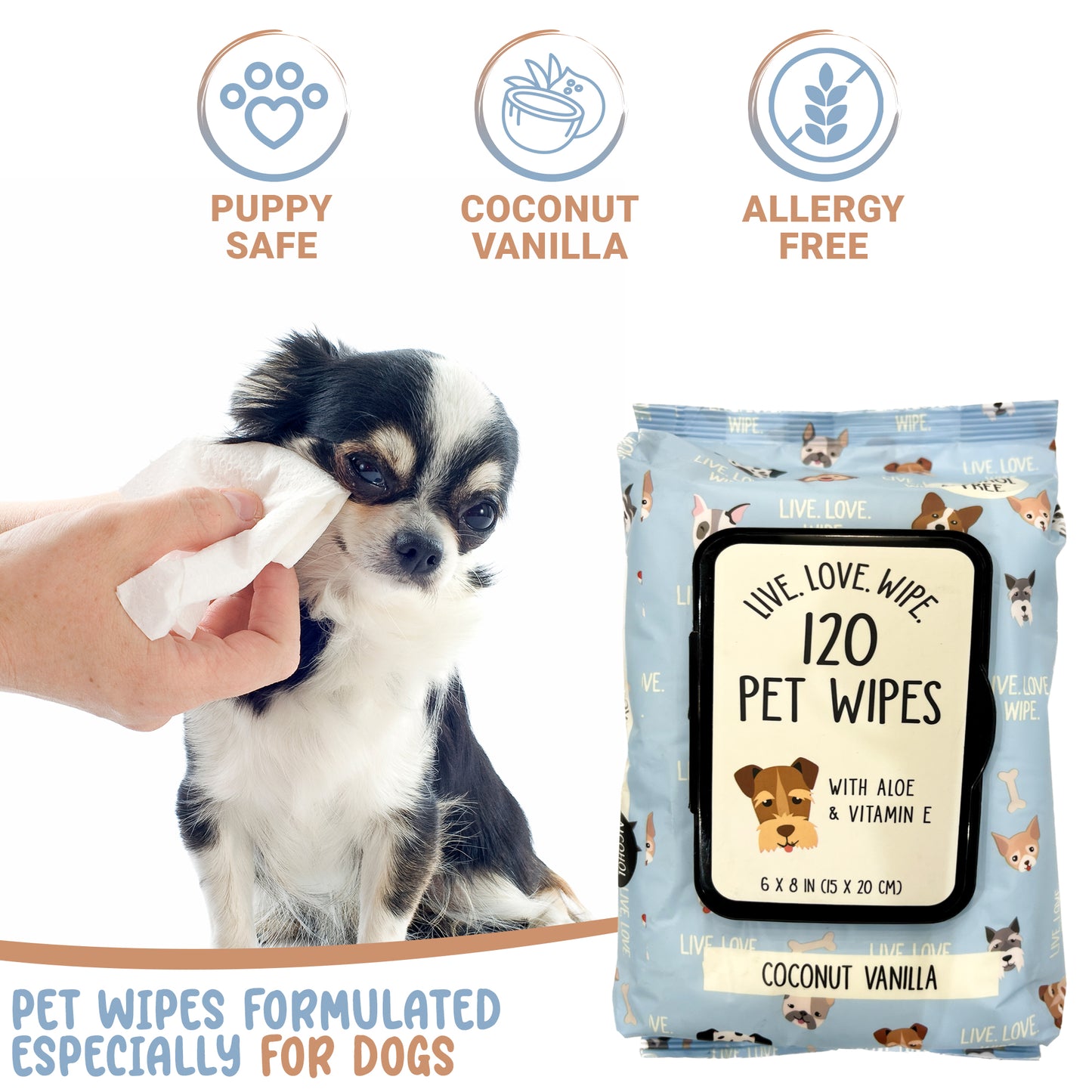 Precious Tails 120pc. Pet Wipes for Dogs, Dog Grooming Wipes, Puppy Wipes for Cleaning Deodorizing Paws, Butt, Body, Live. Love. Scented Wipe