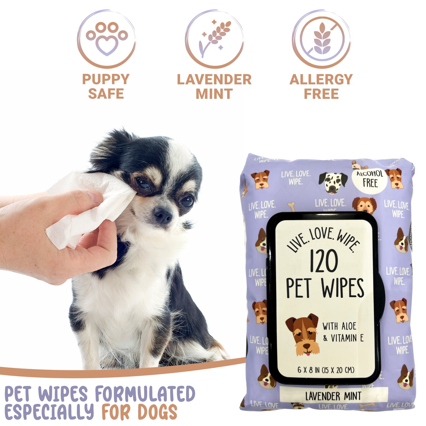 Precious Tails 120pc. Pet Wipes for Dogs, Dog Grooming Wipes, Puppy Wipes for Cleaning Deodorizing Paws, Butt, Body, Live. Love. Scented Wipe