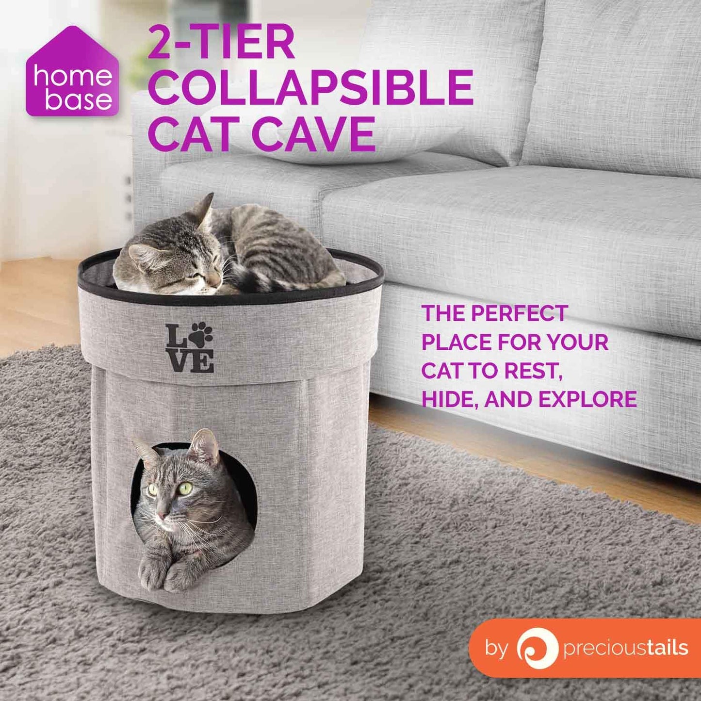 Home Base 2-Tier Cat Bed for Indoor Cats, Collapsible Cat Cave, Cat Condo Cubes Hideaway, Pet House