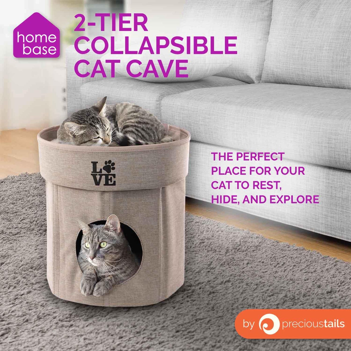 Home Base 2-Tier Cat Bed for Indoor Cats, Collapsible Cat Cave, Cat Condo Cubes Hideaway, Pet House