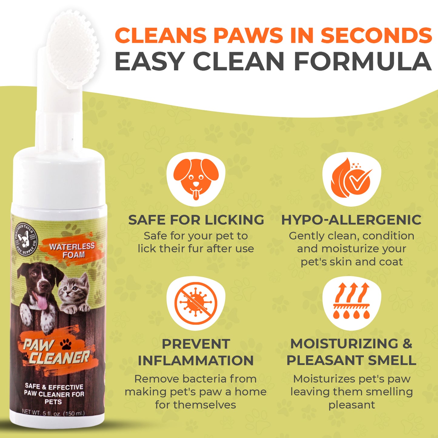 Precious Tails Waterless Foaming Paw Cleaner, Cleanser with Silicone Brush for Pet Grooming for Dogs and Cats, No Rinse