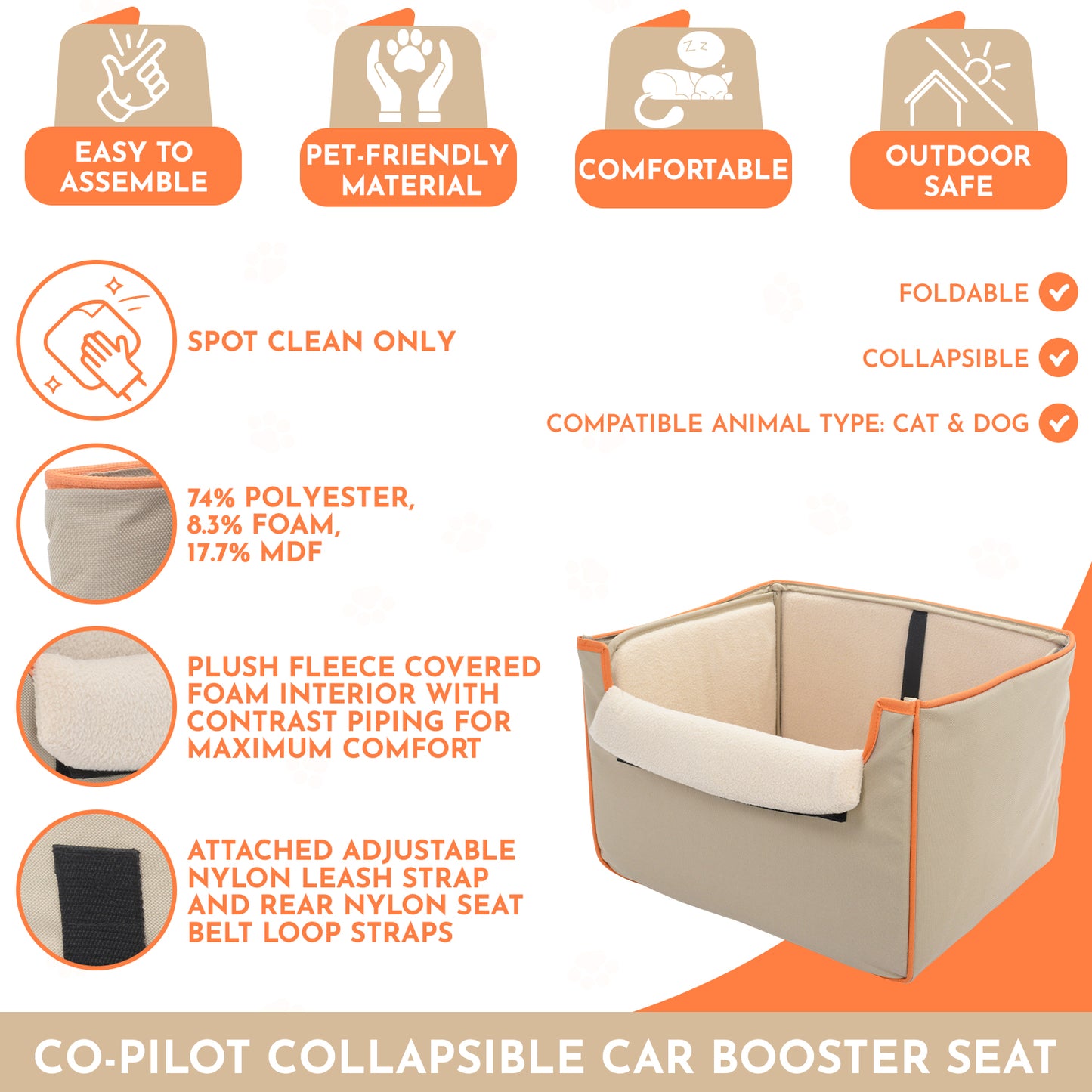 Co-Pilot Pet Car Seat  -  Collapsible and Foldable Booster Car Seats for Small - Medium Sized Dogs