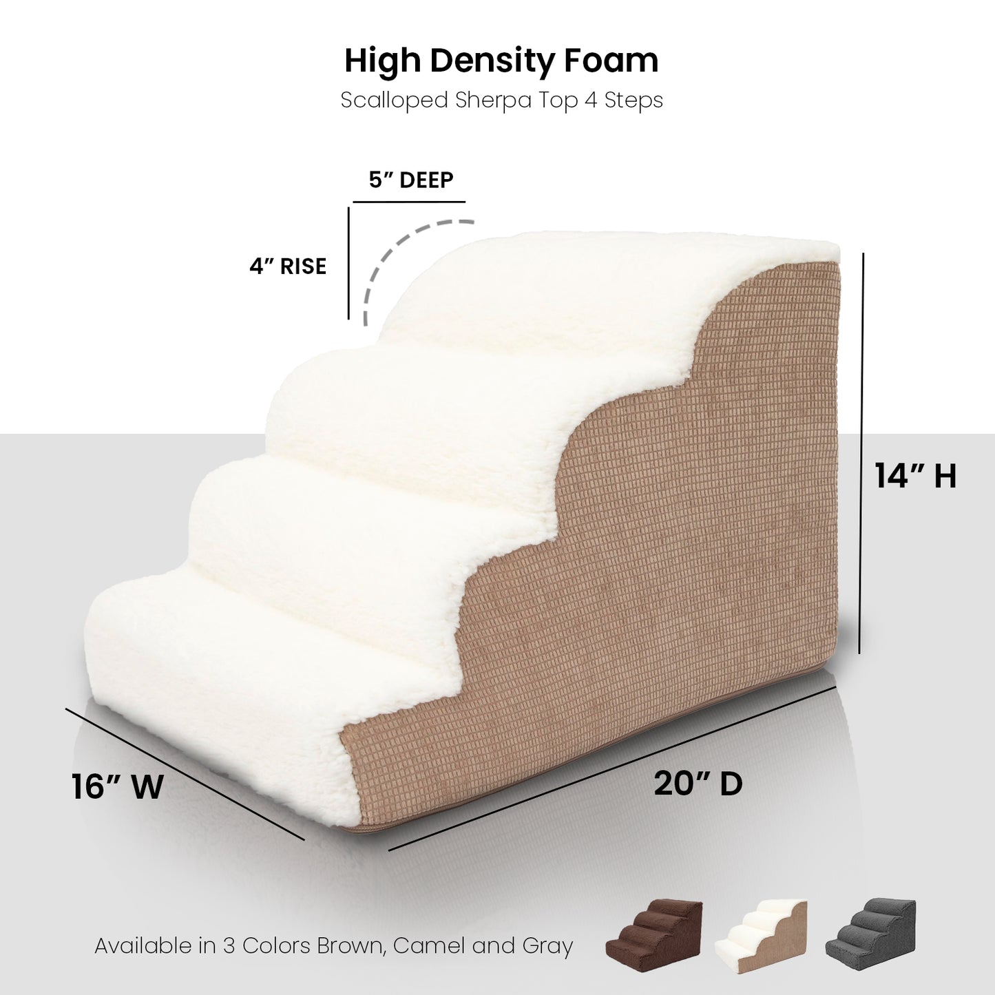 Home Base 4-Step Dog Stairs for High Bed, Dog Steps for Couch, Pet Stair for Cats and Dogs, Non-Slip Ramp, High Density Foam, Scalloped Sherpa Top