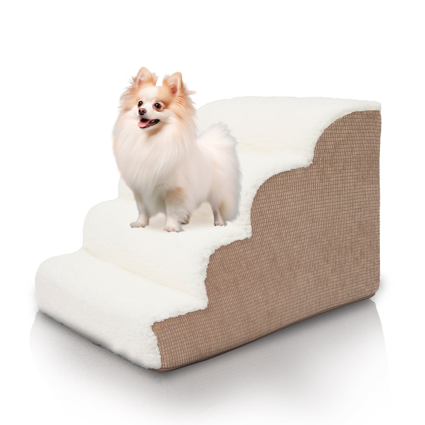 Home Base 4-Step Dog Stairs for High Bed, Dog Steps for Couch, Pet Stair for Cats and Dogs, Non-Slip Ramp, High Density Foam, Scalloped Sherpa Top