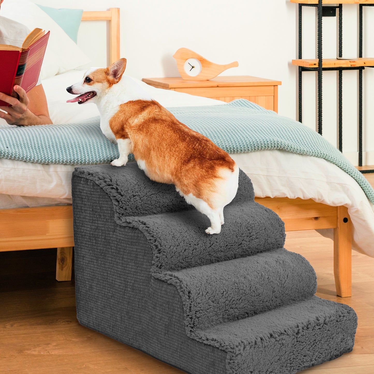 Home Base 4-Step Dog Stairs for High Bed, Dog Steps for Couch, Pet Stair for Cats and Dogs, Non-Slip Ramp, High Density Foam, Scalloped Sherpa Top