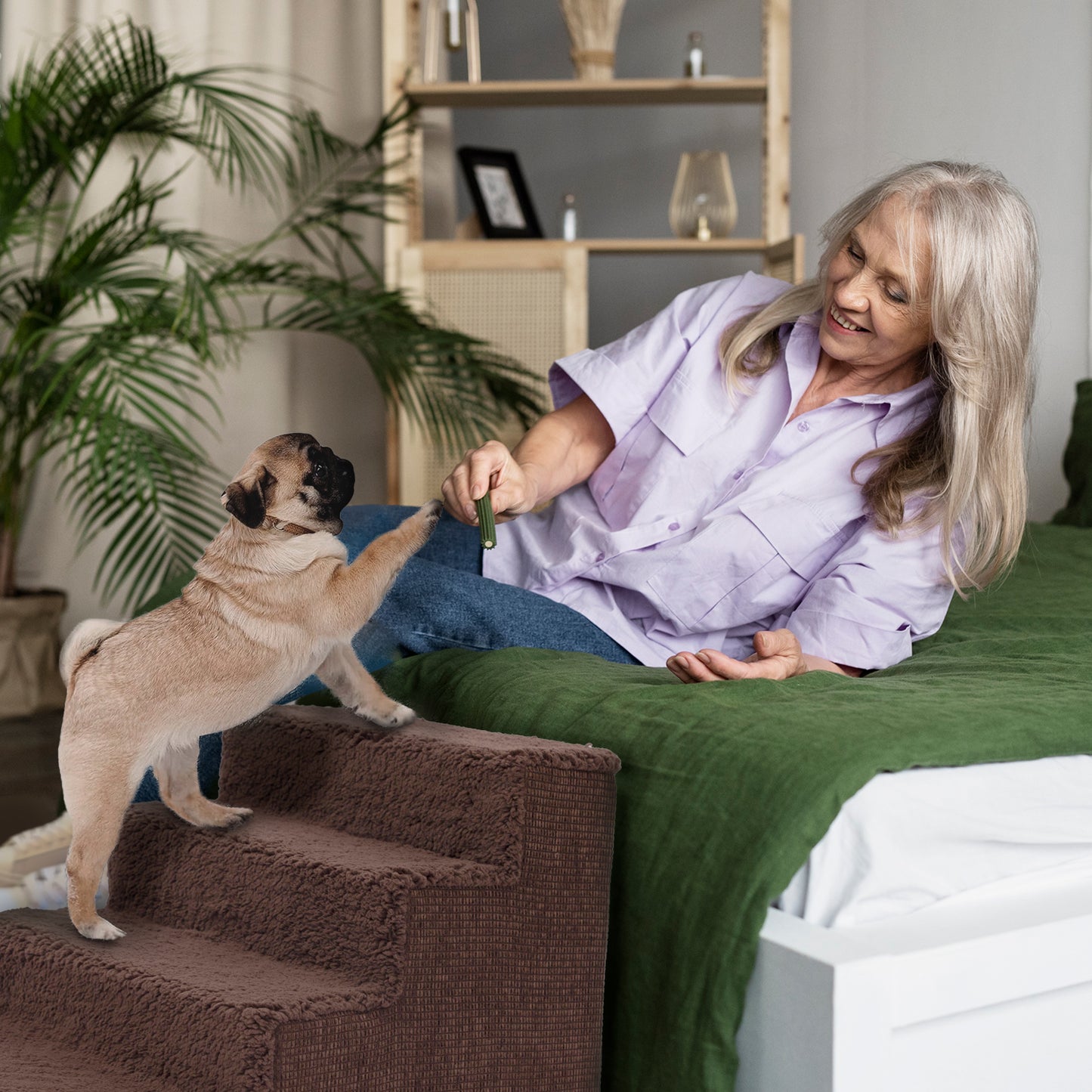 Home Base 4-Step Dog Stairs, Pet Steps for Dogs and Cats, Ramp for High Bed and Couch, Non-Slip, High Density Foam Sherpa Top