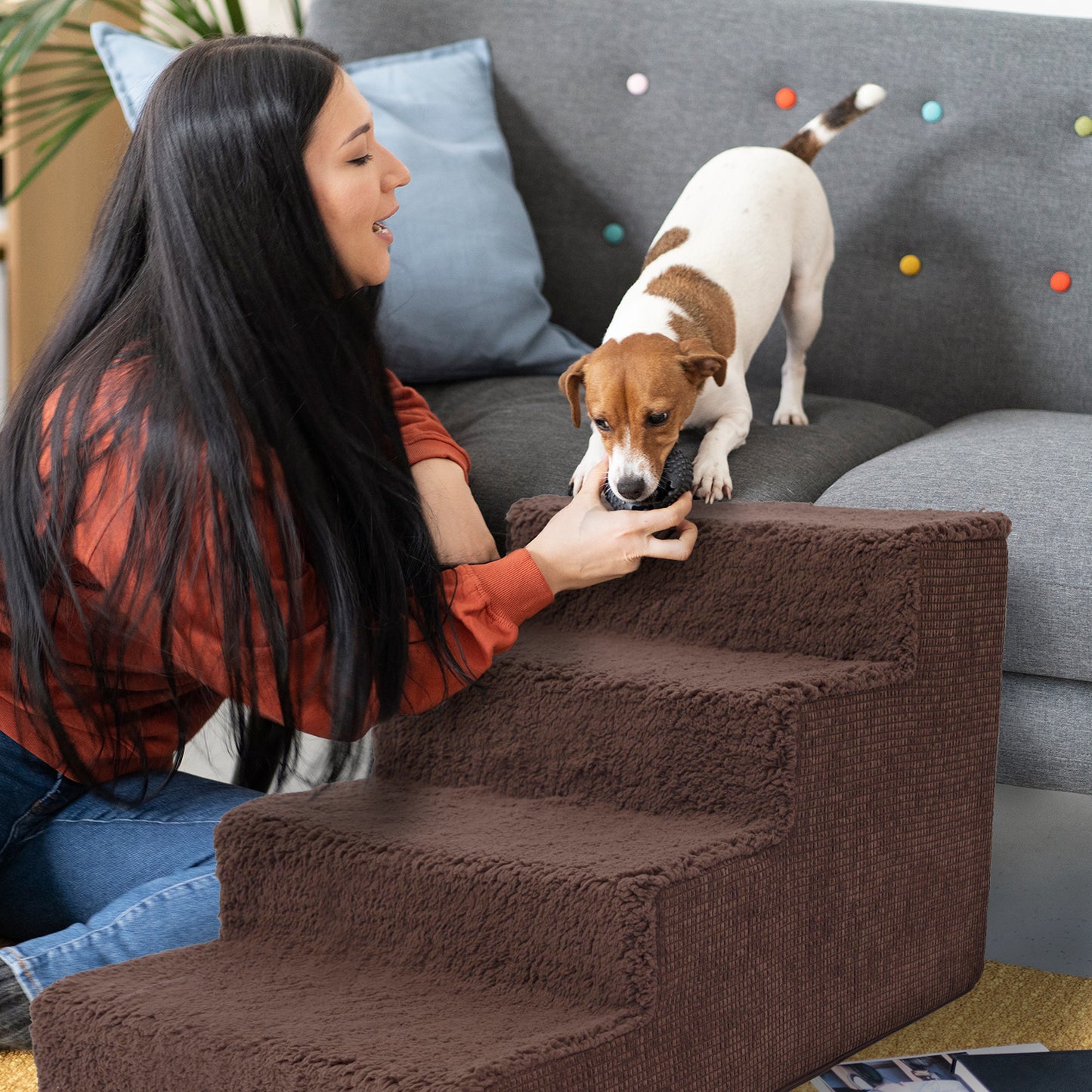 Home Base 4-Step Dog Stairs, Pet Steps for Dogs and Cats, Ramp for High Bed and Couch, Non-Slip, High Density Foam Sherpa Top