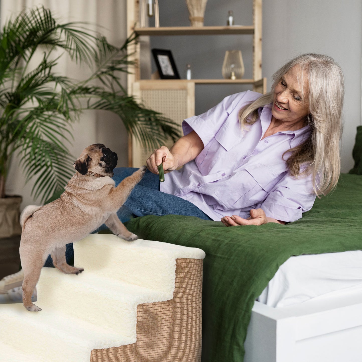 Home Base 4-Step Dog Stairs, Pet Steps for Dogs and Cats, Ramp for High Bed and Couch, Non-Slip, High Density Foam Sherpa Top