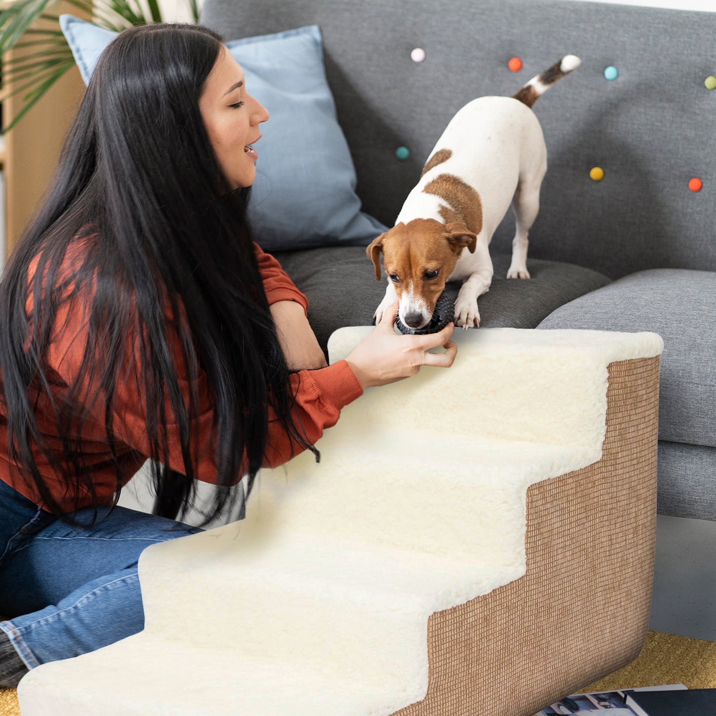 Home Base 4-Step Dog Stairs, Pet Steps for Dogs and Cats, Ramp for High Bed and Couch, Non-Slip, High Density Foam Sherpa Top