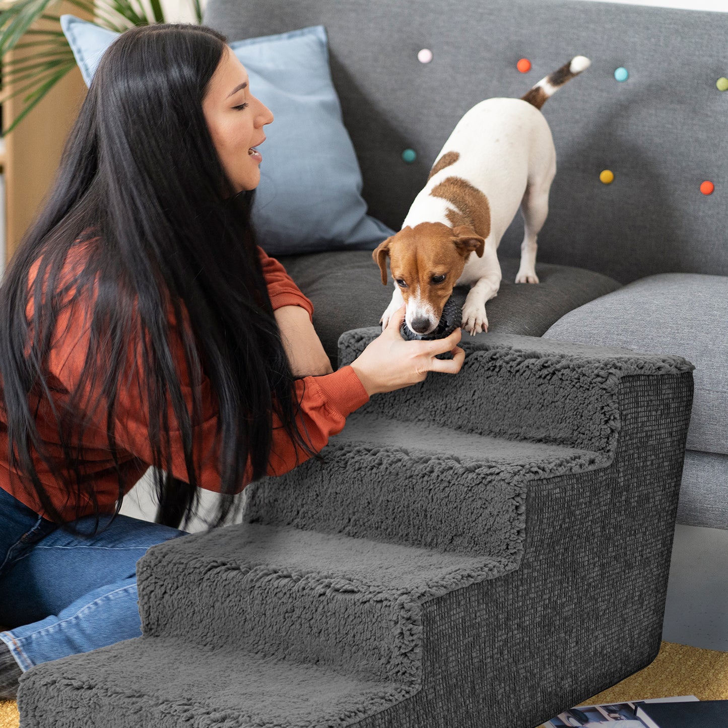 Home Base 4-Step Dog Stairs, Pet Steps for Dogs and Cats, Ramp for High Bed and Couch, Non-Slip, High Density Foam Sherpa Top