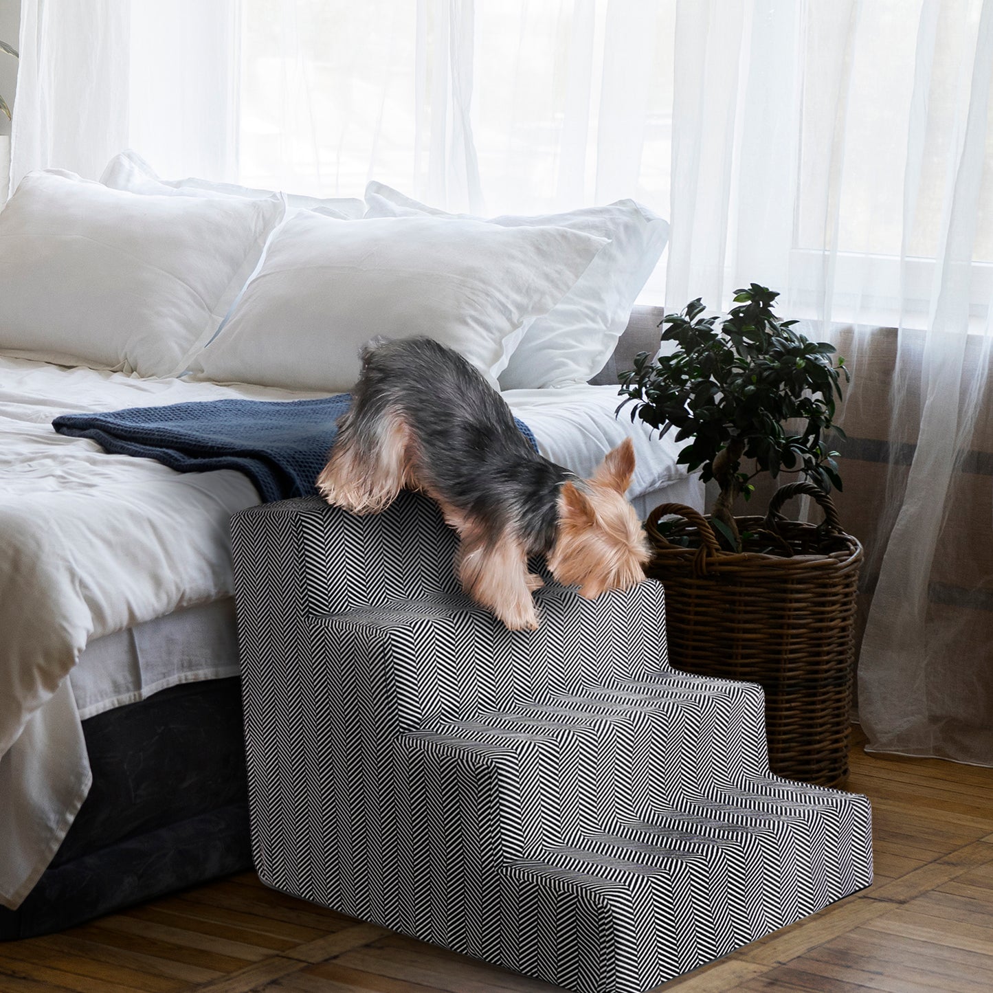 Home Base 4-Step Dog Steps for Bed, Dog Stairs for Couch, High Density Foam, Pet Stair for Cats and Dogs, Herringbone Design