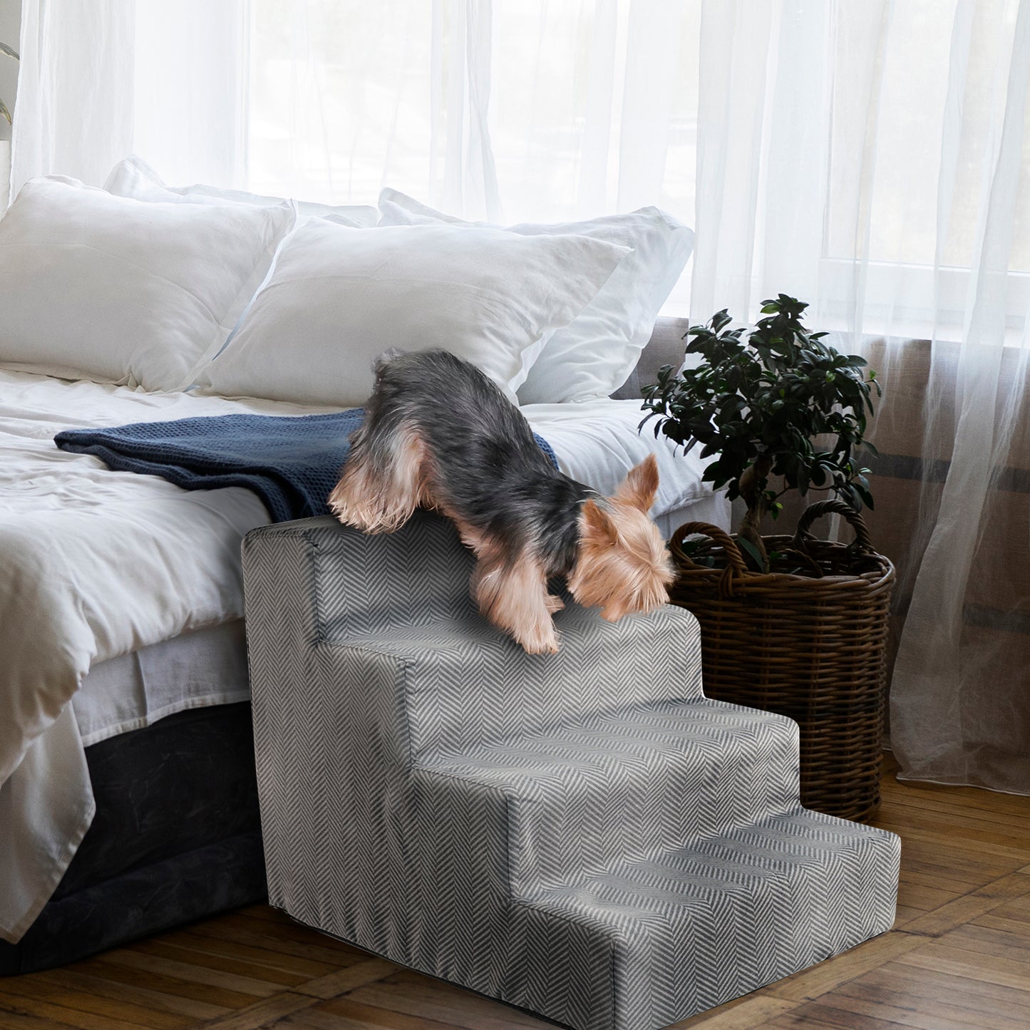 Home Base 4-Step Dog Steps for Bed, Dog Stairs for Couch, High Density Foam, Pet Stair for Cats and Dogs, Herringbone Design