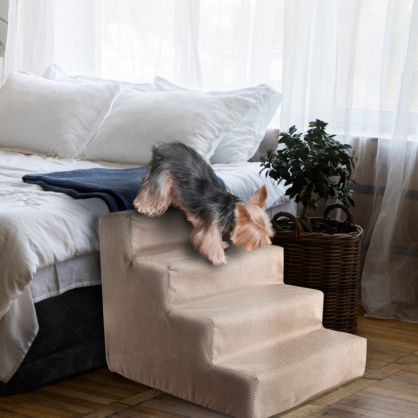 Home Base 4-Step Dog Steps for Bed, Dog Stairs for Couch, High Density Foam, Pet Stair for Cats and Dogs, Herringbone Design