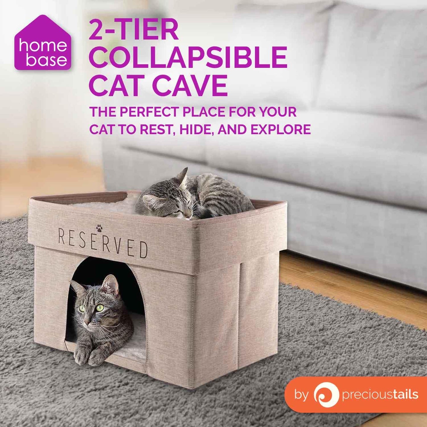 Home Base 2-Tier Cat Bed for Indoor Cats, Large Cat Cat Cave, Cat Condo Cube Hideaway, Collapsible Pet House