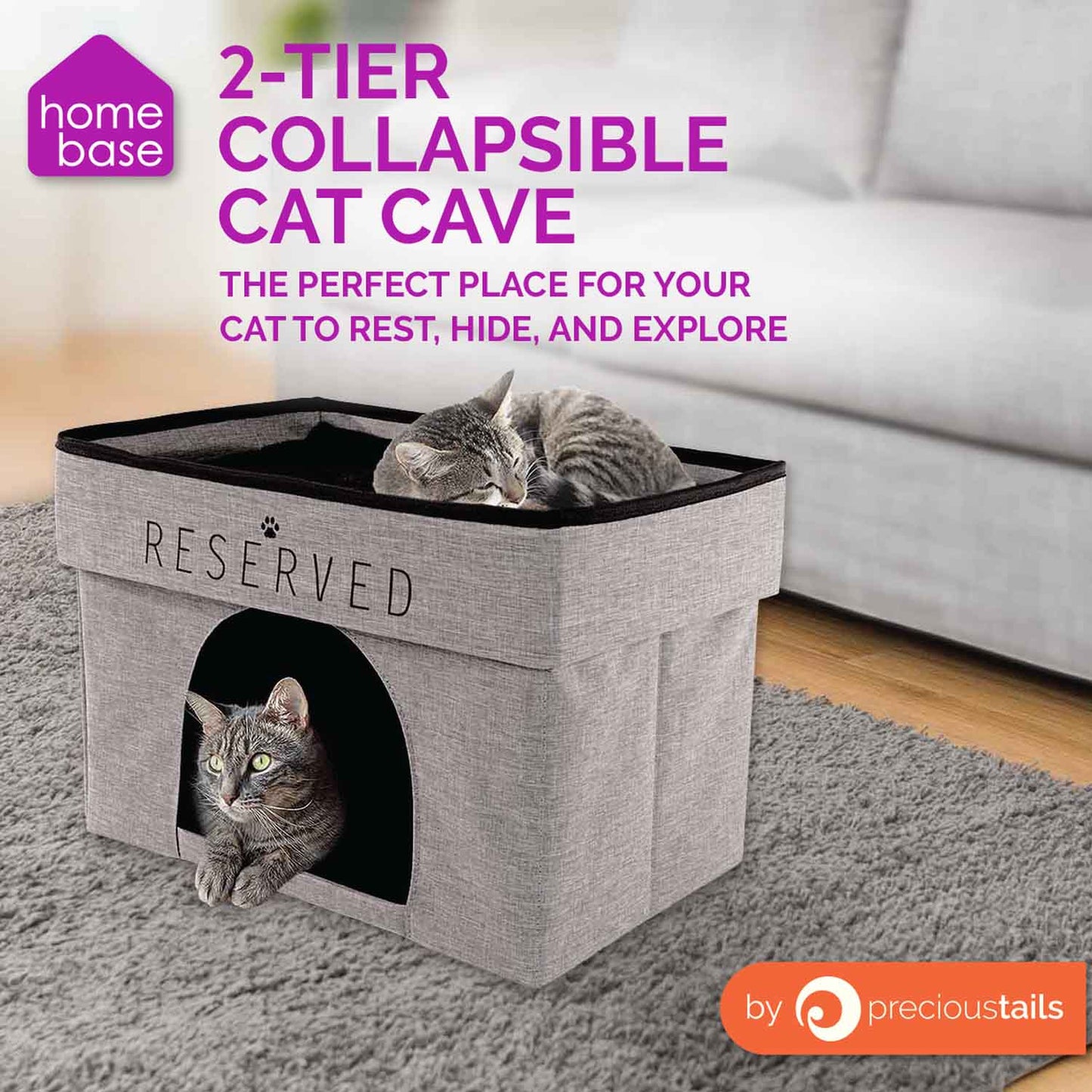 Home Base 2-Tier Cat Bed for Indoor Cats, Large Cat Cat Cave, Cat Condo Cube Hideaway, Collapsible Pet House