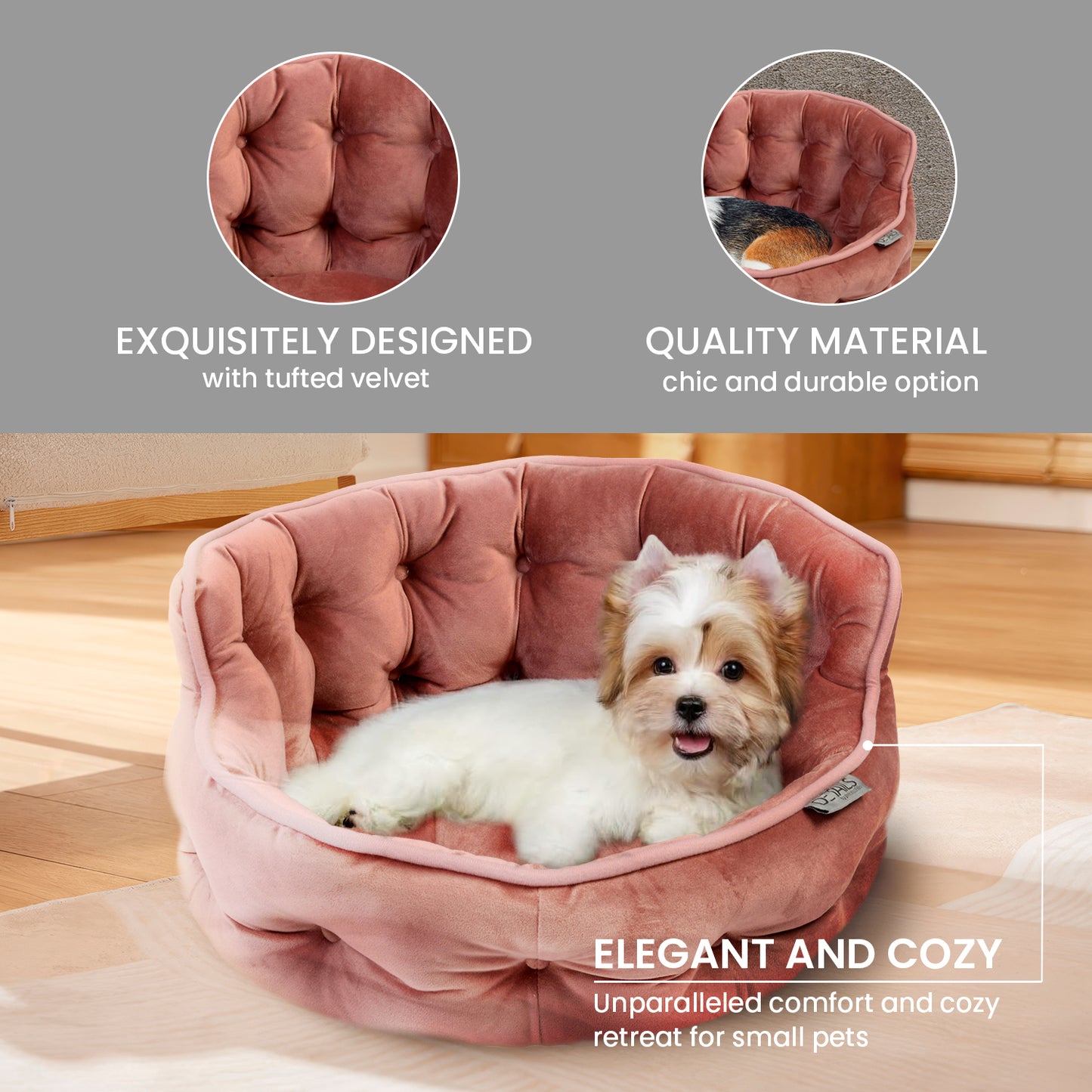 Details Round Cuddler Pet Bed, Dog Bed for Small Dogs and Cats, Ultra Plush Mini Tufted Velvet