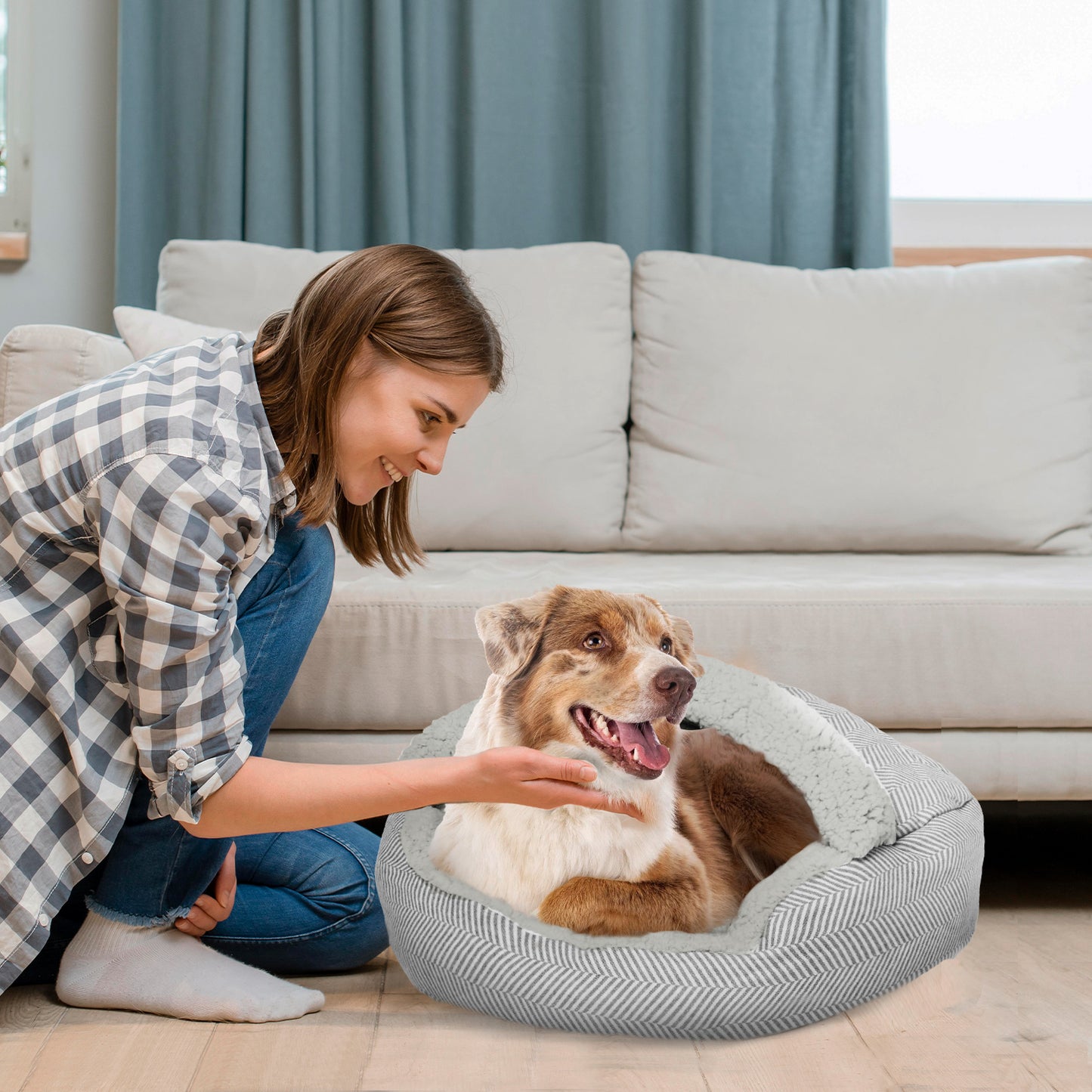 Details Pet Cave Bed, Calming Hooded Dog Bed with Pouch for Small Dogs and Cats, Herringbone Canvas Fleece Deep Dish