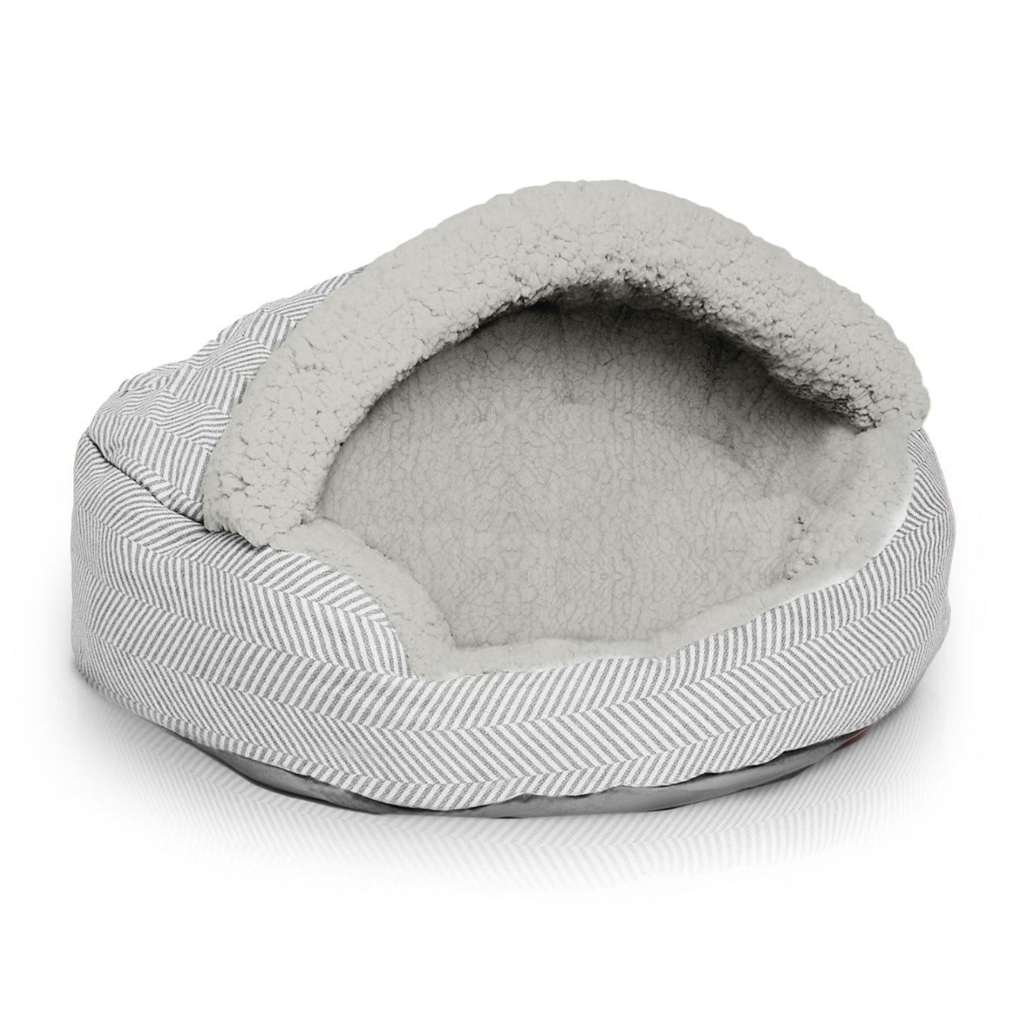 Details Pet Cave Bed, Calming Hooded Dog Bed with Pouch for Small Dogs and Cats, Herringbone Canvas Fleece Deep Dish