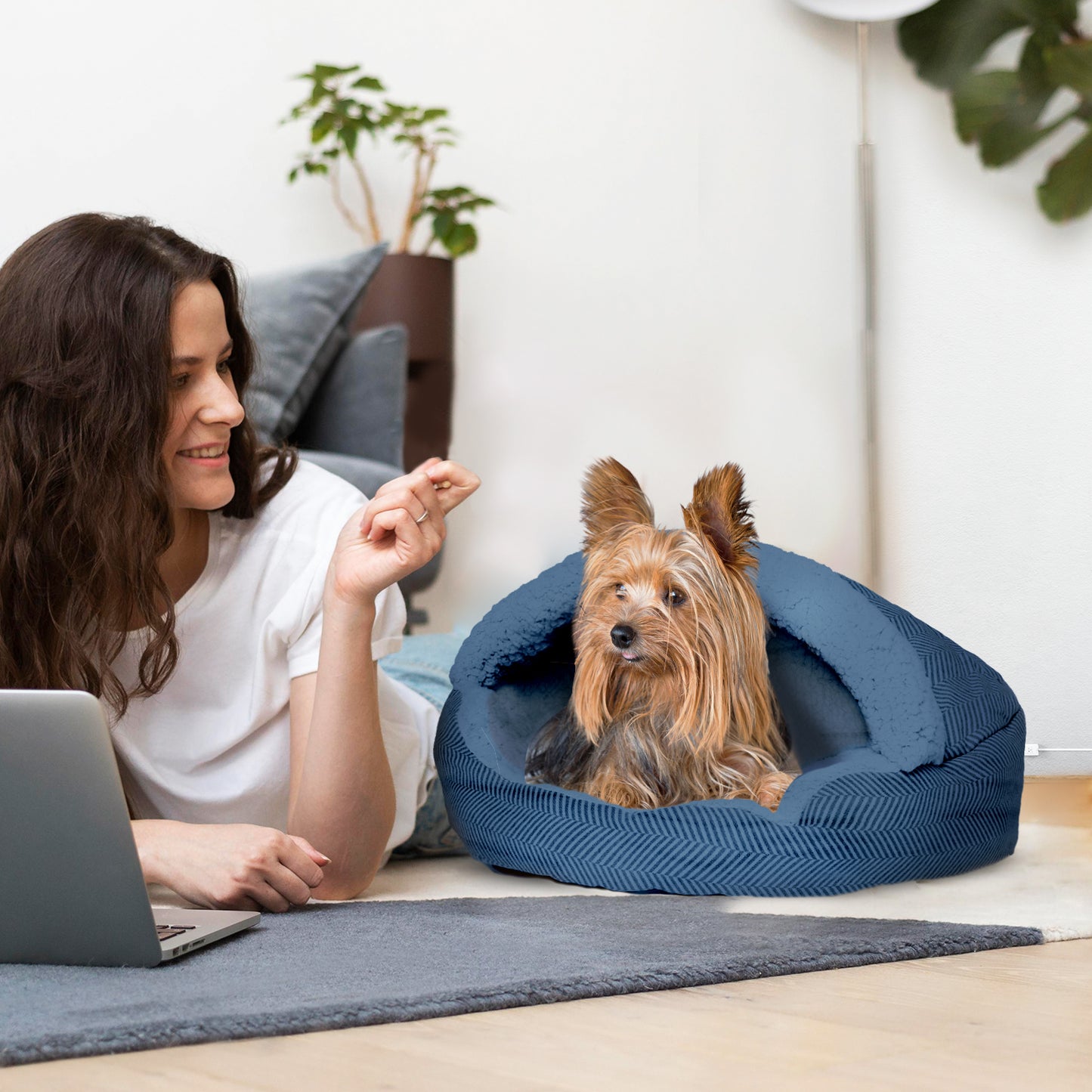 Details Pet Cave Bed, Calming Hooded Dog Bed with Pouch for Small Dogs and Cats, Herringbone Canvas Fleece Deep Dish