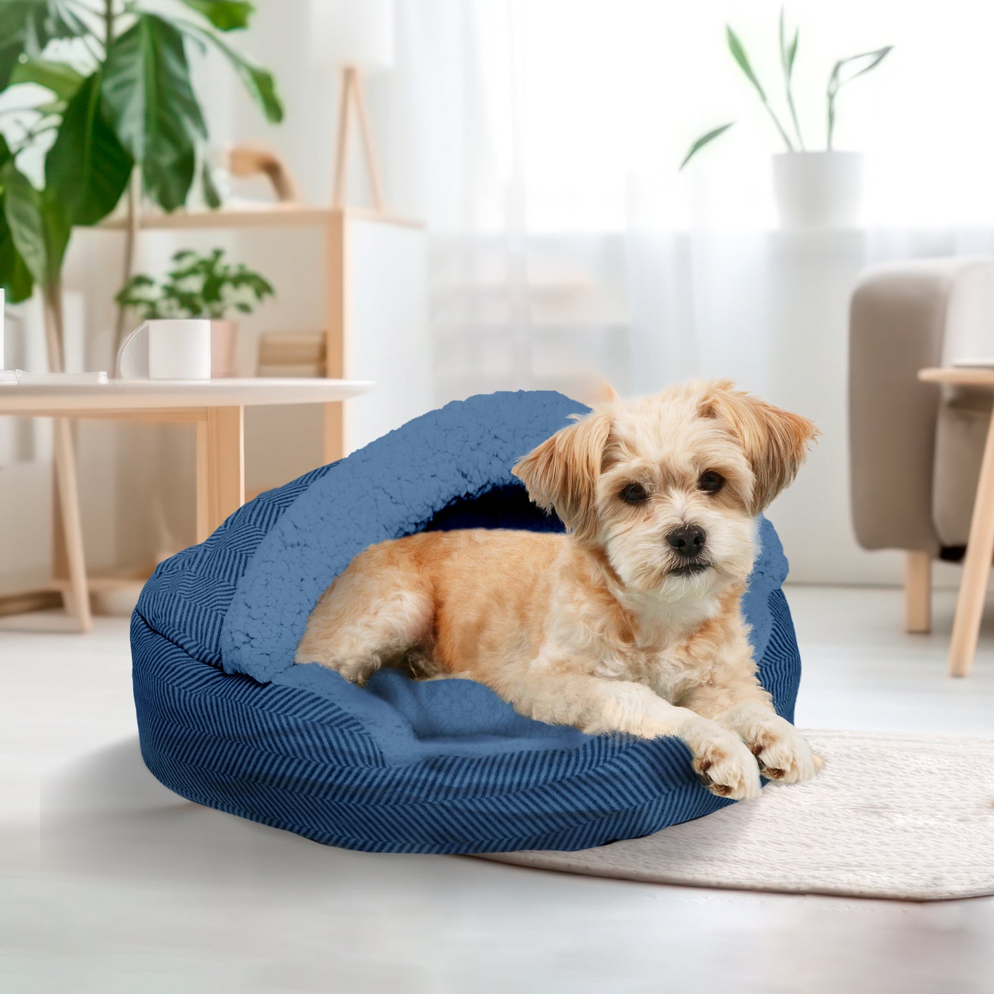 Details Pet Cave Bed, Calming Hooded Dog Bed with Pouch for Small Dogs and Cats, Herringbone Canvas Fleece Deep Dish