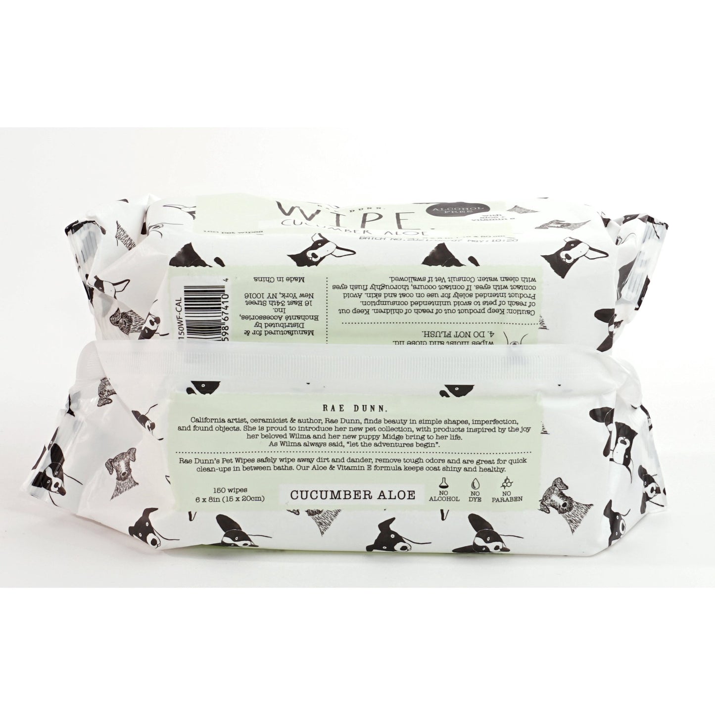 Rae Dunn 'Wipe" 2-Pack 150 ct Pet Wipes with Aloe & Vit. E., Cucumber Aloe