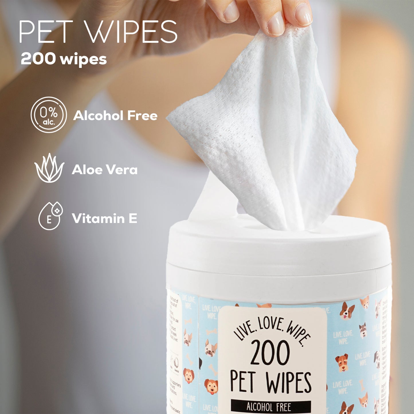 Precious Tails 200pc. Pet Wipes for Dogs, Dog Grooming Wipes, Puppy Wipes for Cleaning Deodorizing Paws, Butt, Body, Live Love Wipe in Canister with Aloe and Vitamin E