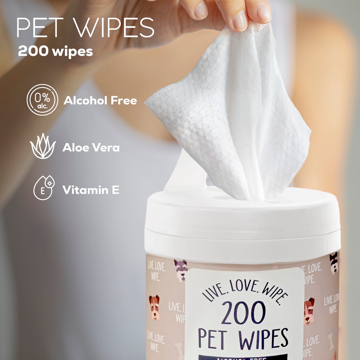 Precious Tails 200pc. Pet Wipes for Dogs, Dog Grooming Wipes, Puppy Wipes for Cleaning Deodorizing Paws, Butt, Body, Live Love Wipe in Canister with Aloe and Vitamin E