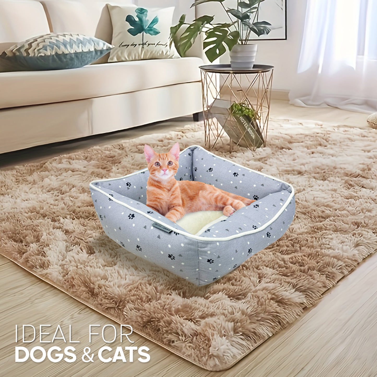 Paws and Décor All Over Paws and Dots Cuddler - Ultra-Plush, Comfort Printed Pet Bed for Dogs and Cats - Cozy, Durable, and Luxurious Sleep Space with Stellar Design