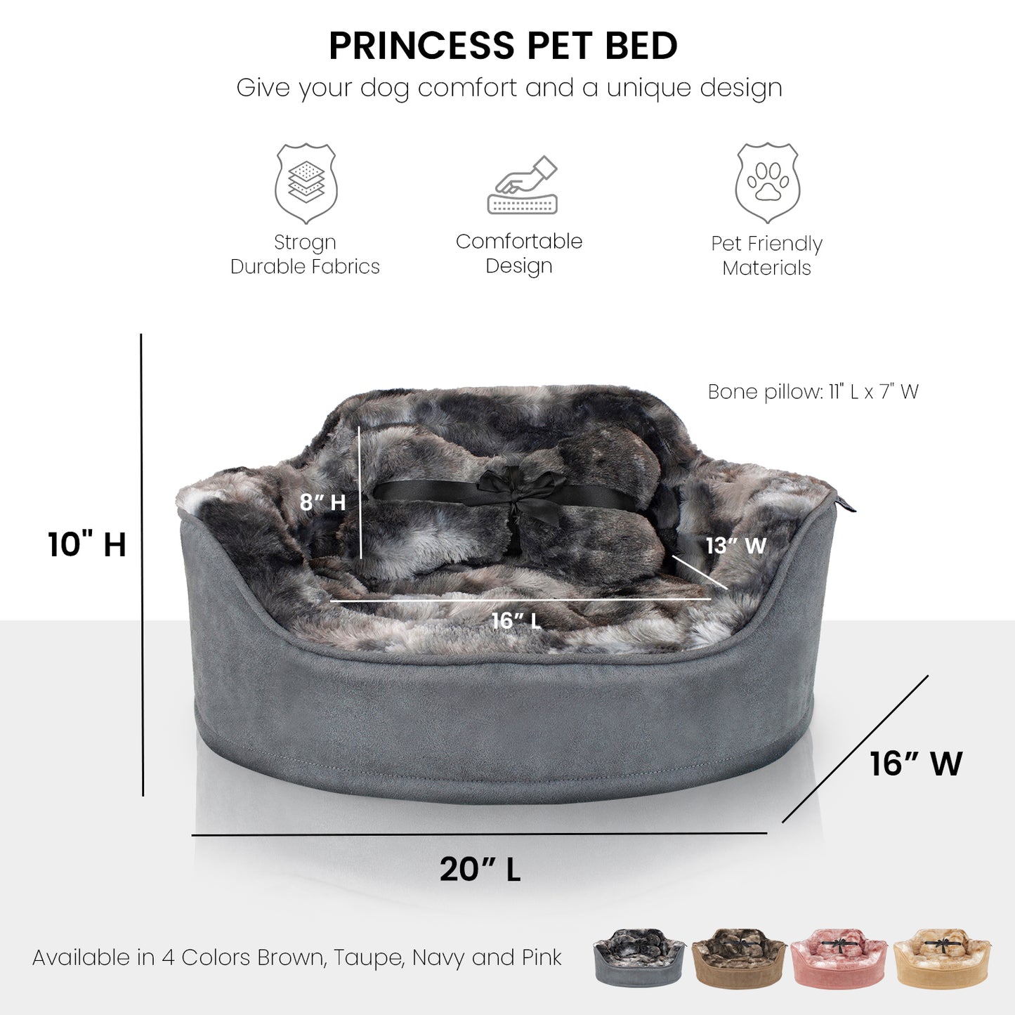 Details Princess Faux Fur Pet Bed, Plush Bolster Sofa Bed for Small Dogs and Cats, Machine Washable