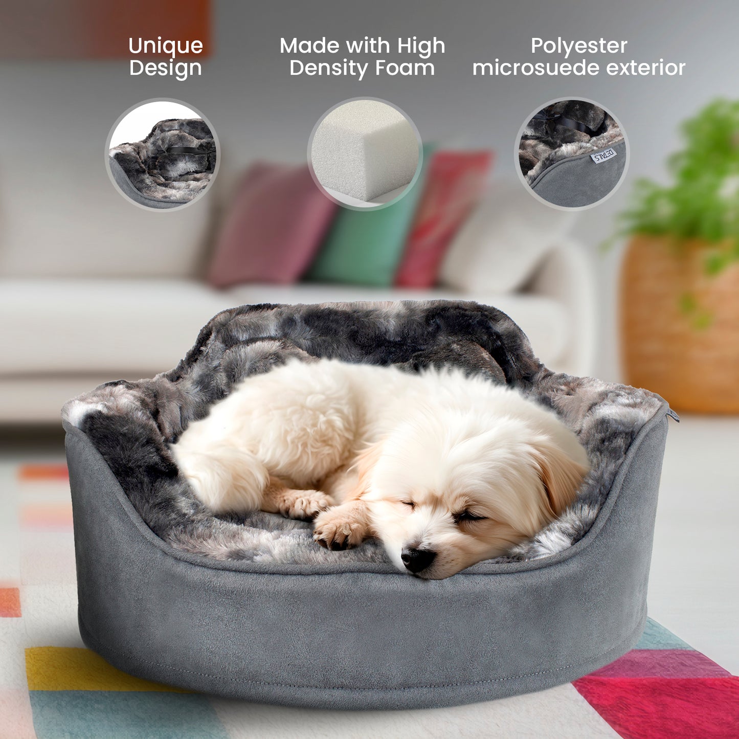 Details Princess Faux Fur Pet Bed, Plush Bolster Sofa Bed for Small Dogs and Cats, Machine Washable