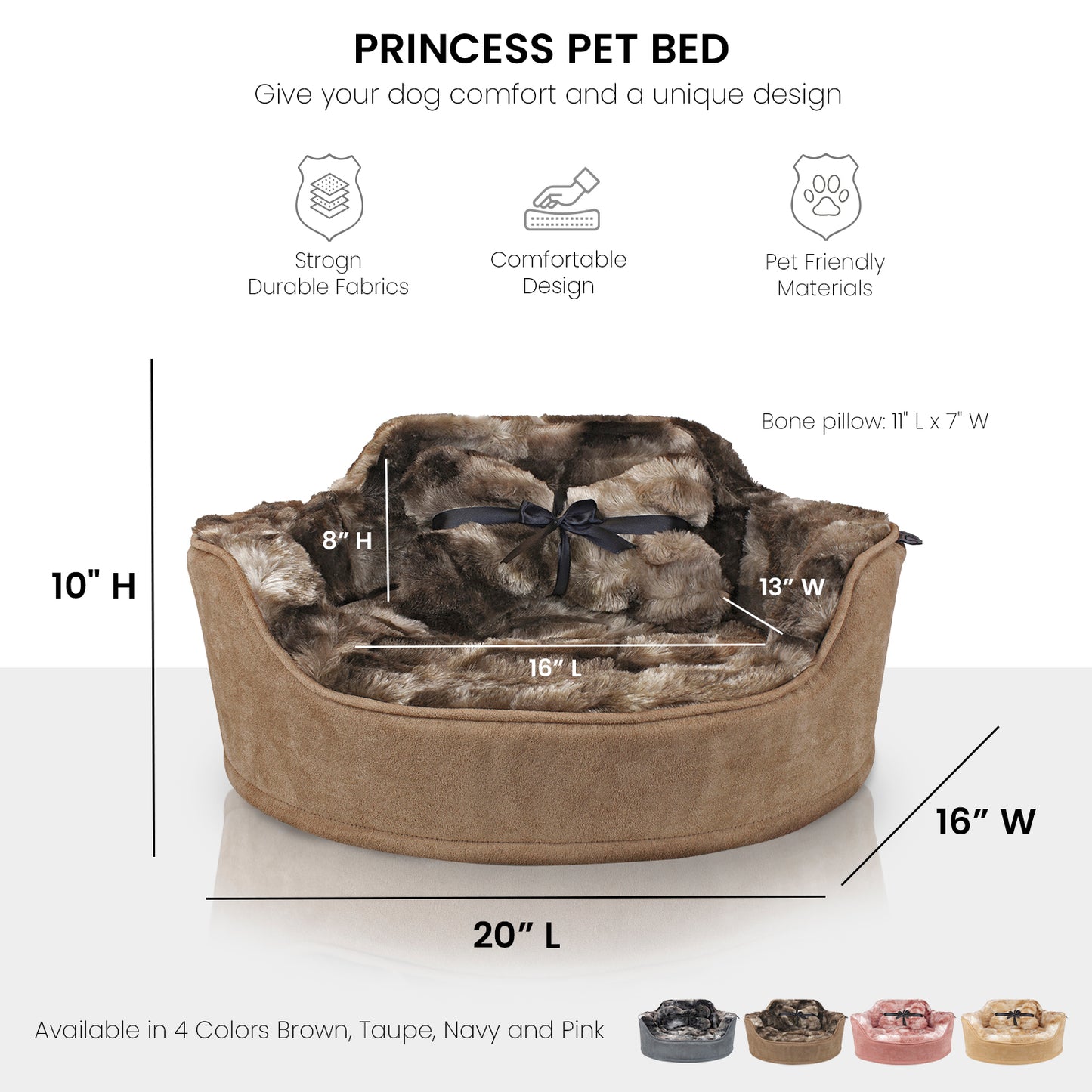 Details Princess Faux Fur Pet Bed, Plush Bolster Sofa Bed for Small Dogs and Cats, Machine Washable