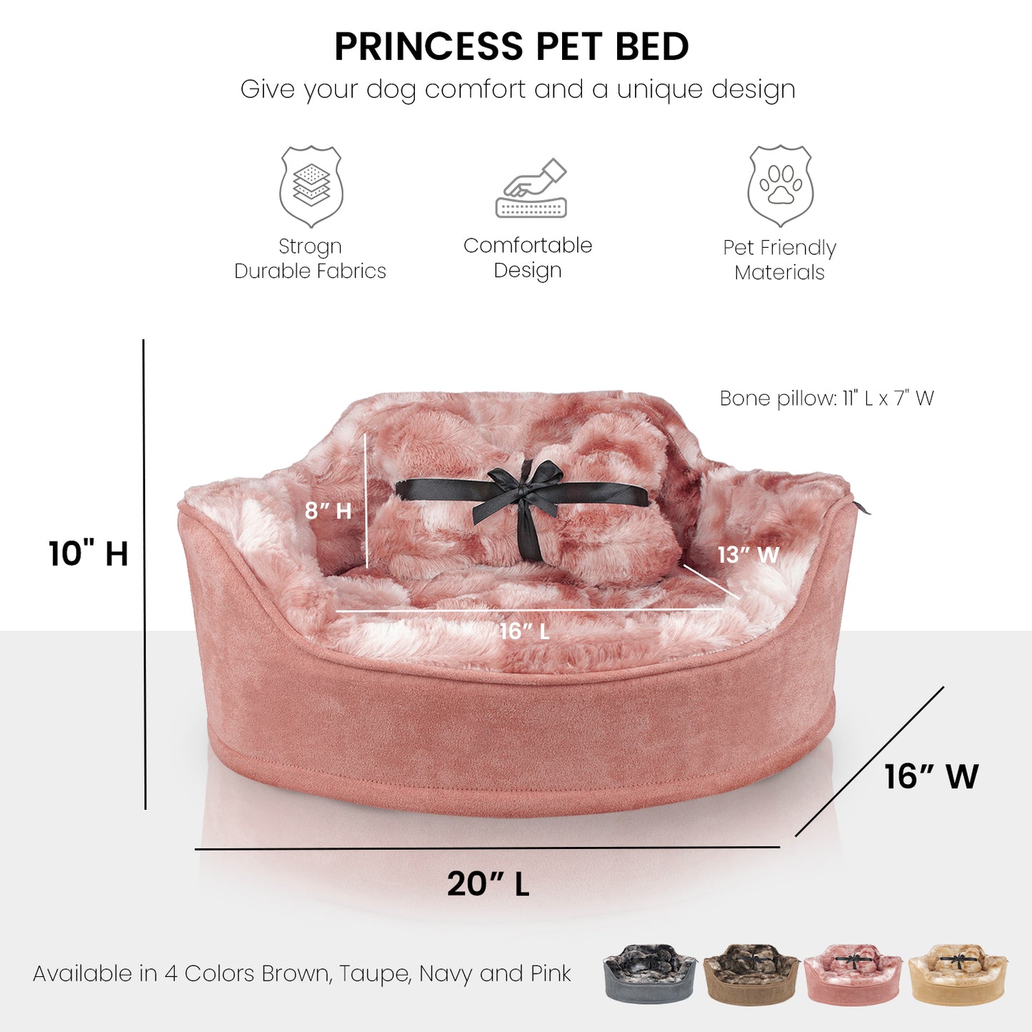 Details Princess Faux Fur Pet Bed, Plush Bolster Sofa Bed for Small Dogs and Cats, Machine Washable