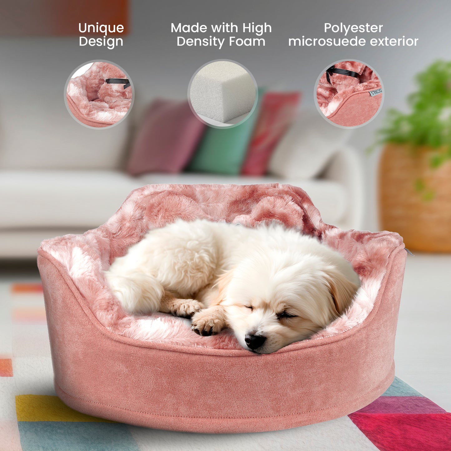 Details Princess Faux Fur Pet Bed, Plush Bolster Sofa Bed for Small Dogs and Cats, Machine Washable