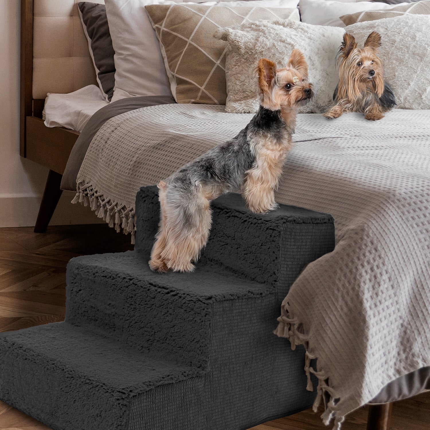 Home Base 3 Dog Steps 3 Step Pet Stairs for Dogs and Cats Ramp for High Bed and Couch Non Slip High Density Foam Sherpa Top