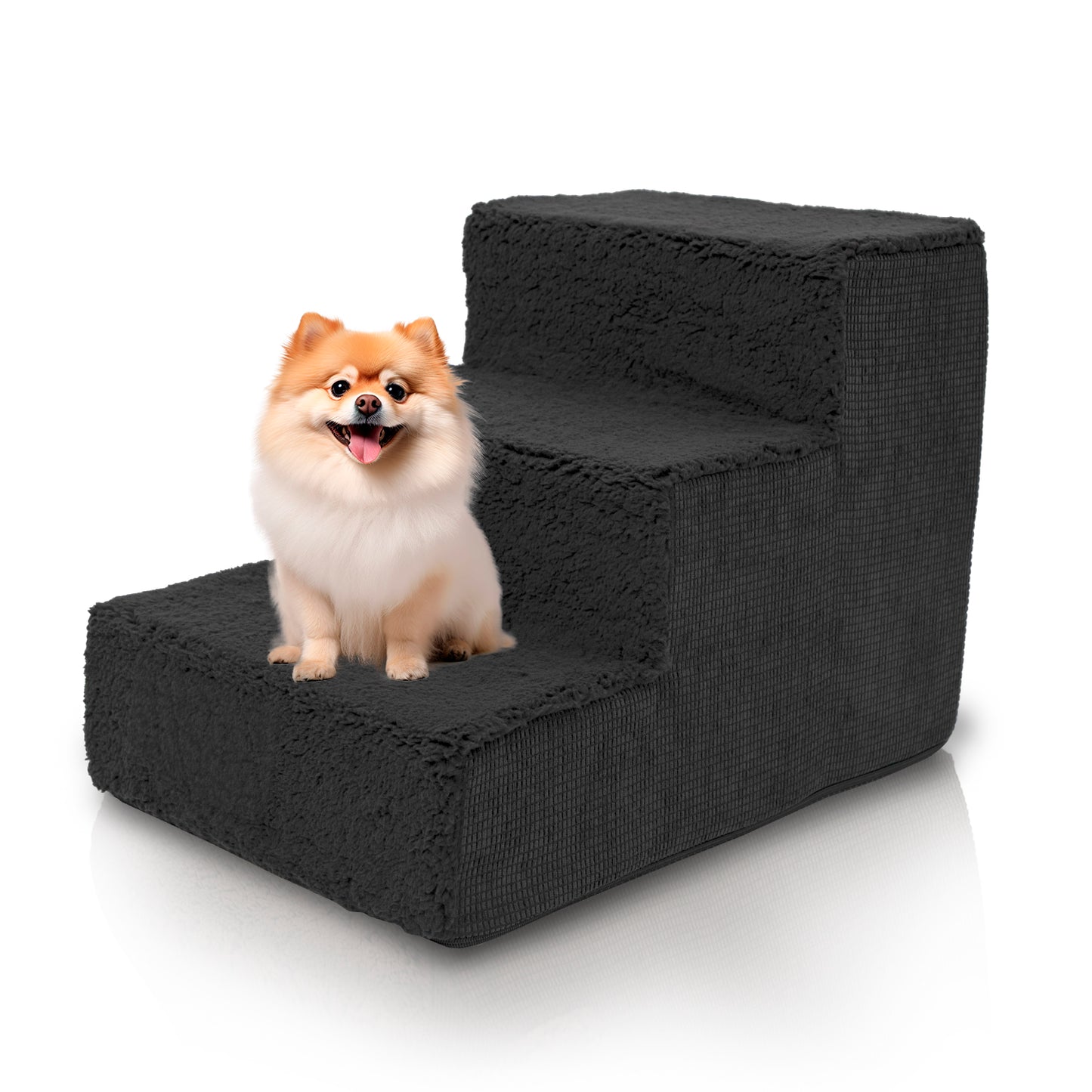 Home Base 3-Dog Steps, 3-Step Pet Stairs for Dogs and Cats, Ramp for High Bed and Couch, Non Slip,  High Density Foam Sherpa Top