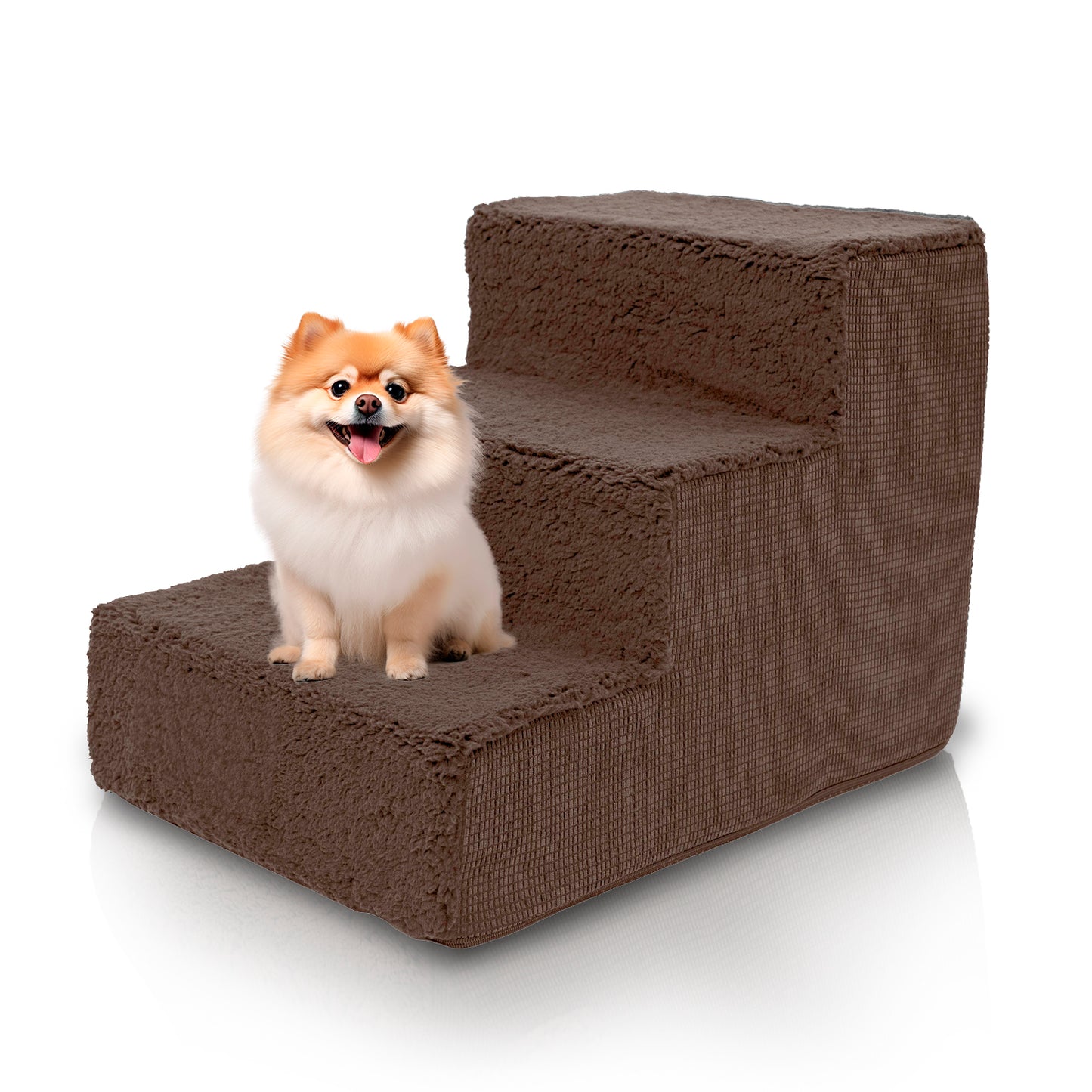 Home Base 3-Dog Steps, 3-Step Pet Stairs for Dogs and Cats, Ramp for High Bed and Couch, Non Slip,  High Density Foam Sherpa Top