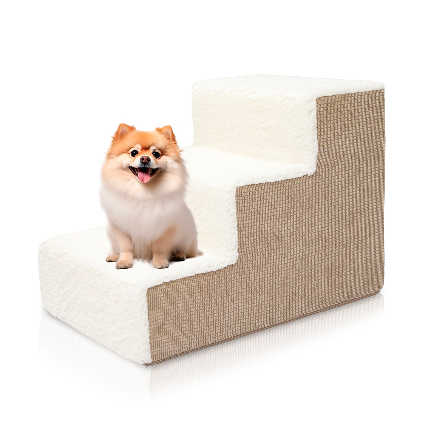 Home Base 3-Dog Steps, 3-Step Pet Stairs for Dogs and Cats, Ramp for High Bed and Couch, Non Slip,  High Density Foam Sherpa Top