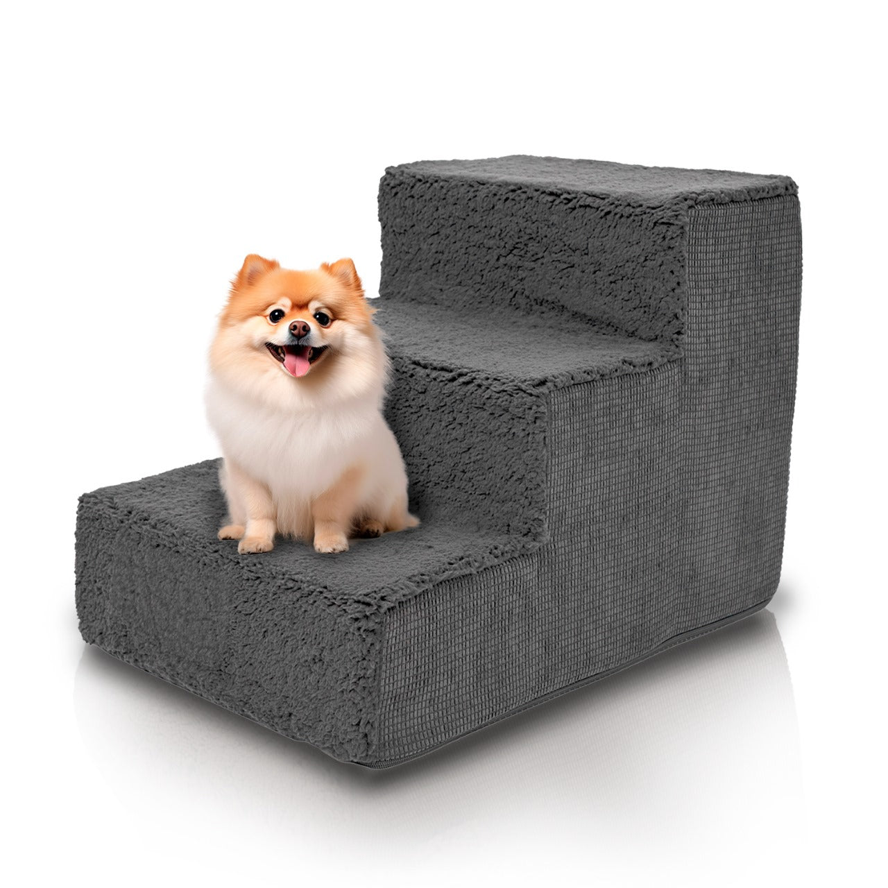 Home Base 3-Dog Steps, 3-Step Pet Stairs for Dogs and Cats, Ramp for High Bed and Couch, Non Slip,  High Density Foam Sherpa Top