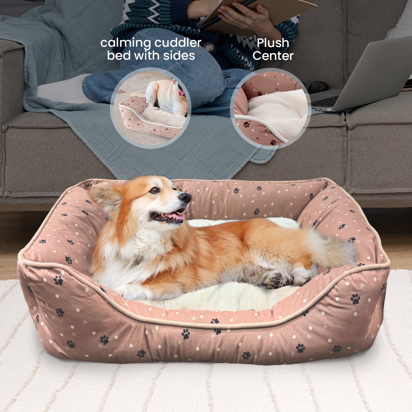 Details Microsuede Pet Bed, Dog Beds for Small Dogs and Cats, Calming Cuddler Bed for Pets with Sides and Plush Center